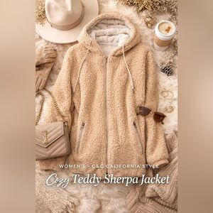 Beige Sherpa Teddy Hooded Jacket – Cozy Fleece Zip Up Winter Coat